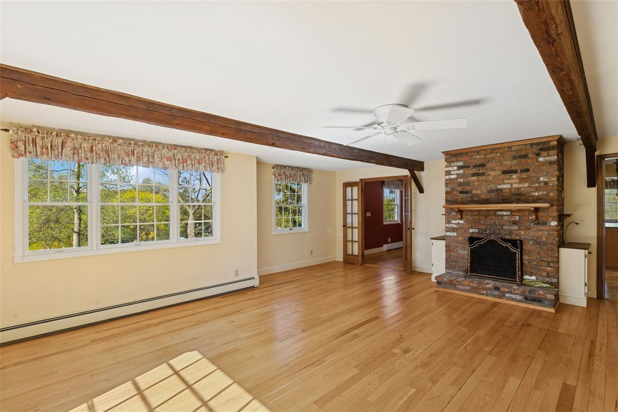 Empty room, Fireplace, Interior, Wooden Beams, Wood Texture Flooring