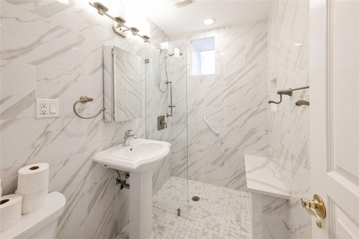 Bathroom, Glass Shower, Interior, Marble Walls, Recessed Lighting