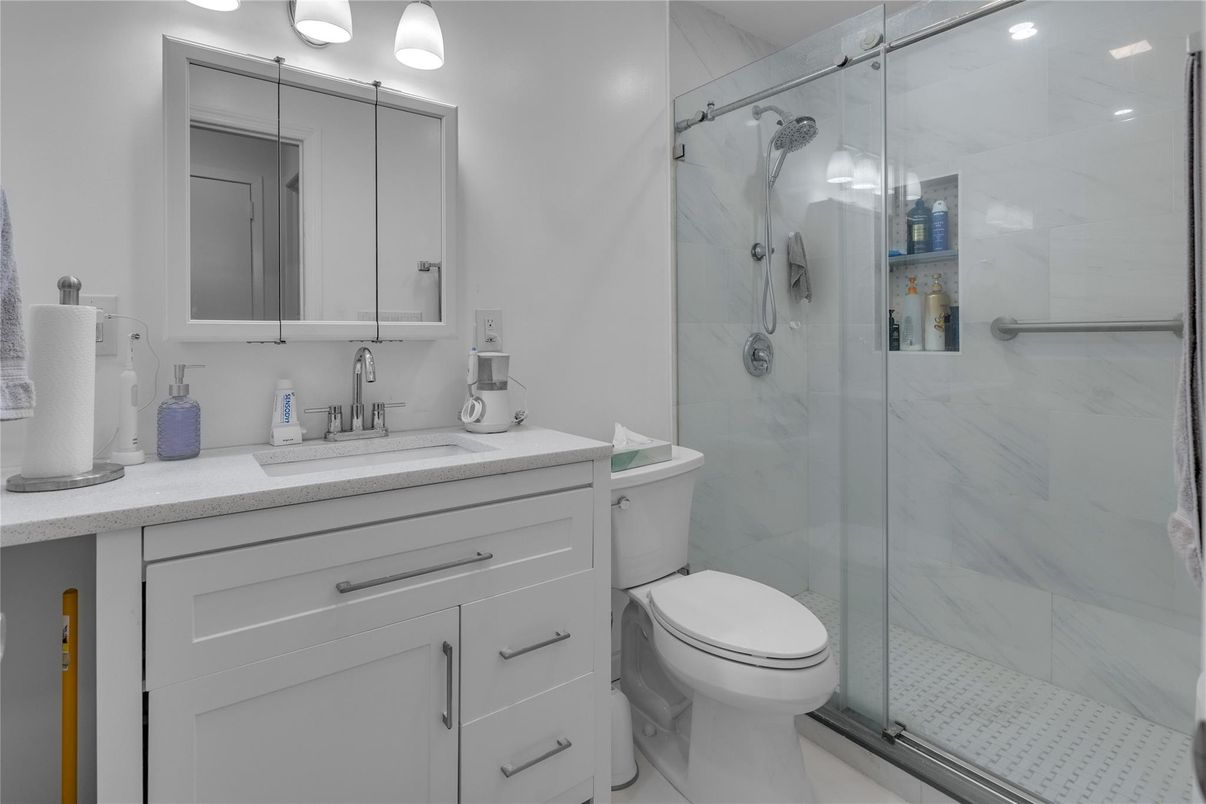 Bathroom, Glass Shower, Interior, Marble Walls, Recessed Lighting
