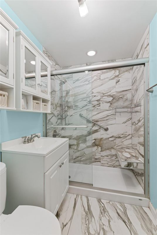 Bathroom, Glass Shower, Interior, Marble, Marble Walls, Recessed Lighting