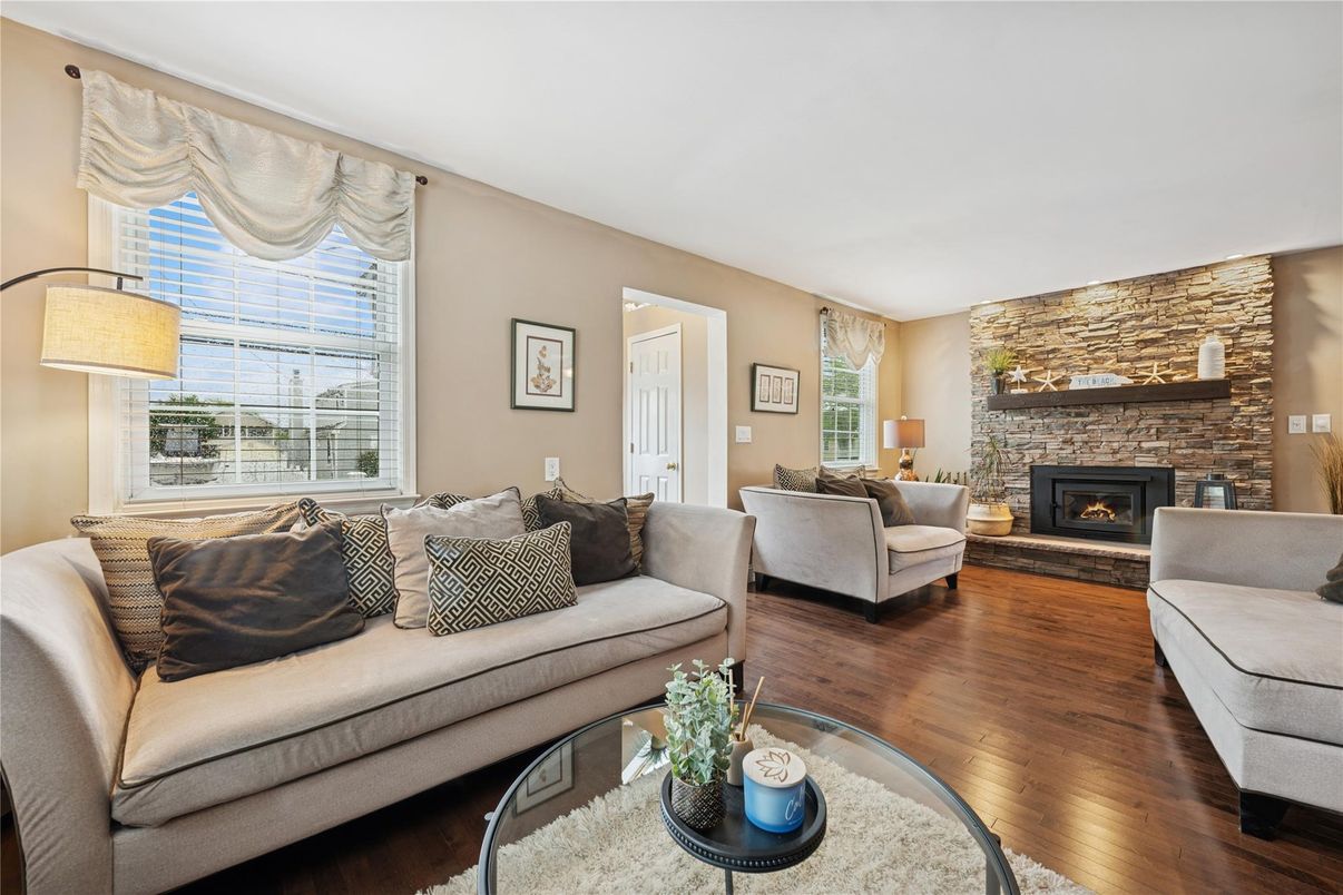 Fireplace, Interior, Living room, Stone Walls, Wood Texture Flooring