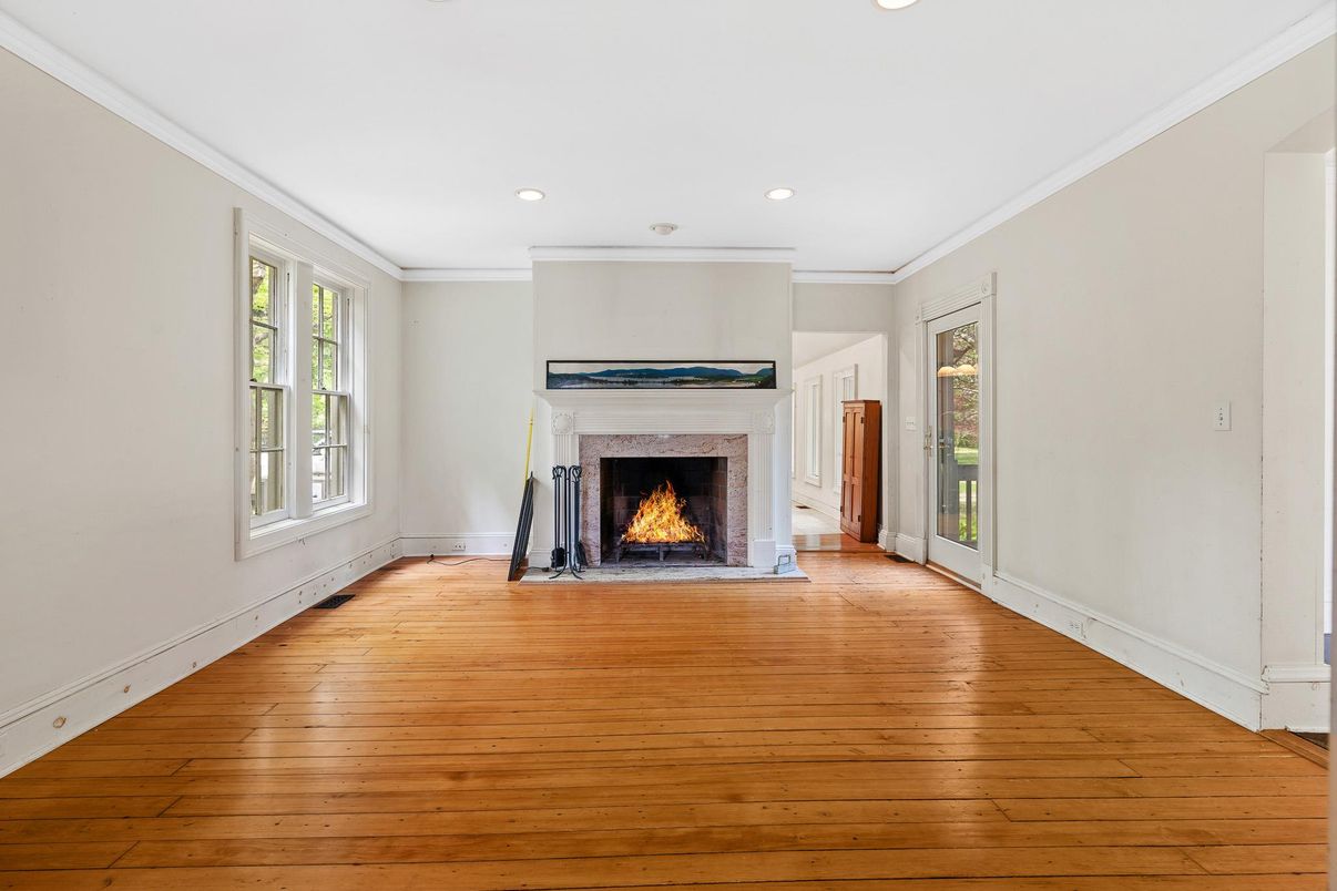 Empty room, Fireplace, Interior, Recessed Lighting, Wood Texture Flooring