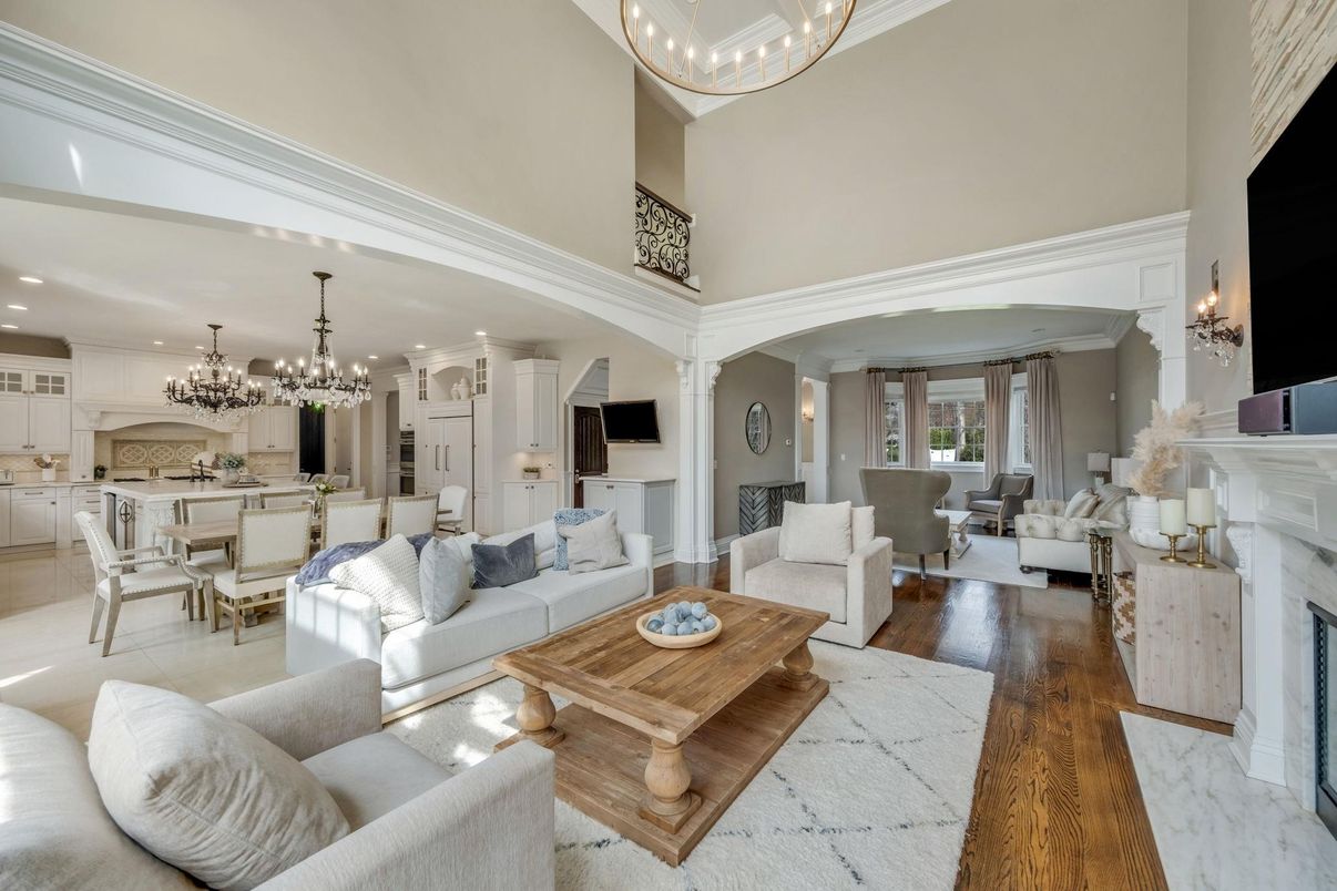 Chandelier, Dining room, Fireplace, Interior, Kitchen, Living room, Pendant Lights, Recessed Lighting, Wood Texture Flooring