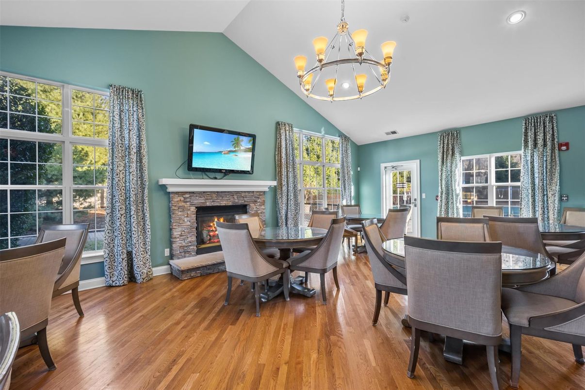 Chandelier, Dining room, Fireplace, Interior, Recessed Lighting, Wood Texture Flooring