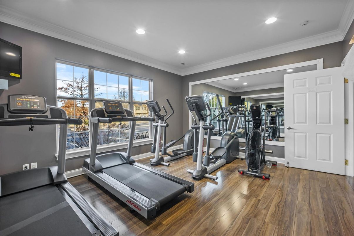 Fitness Equipment, Gym, Interior, Recessed Lighting, Wood Texture Flooring