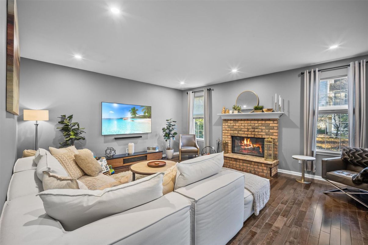 Fireplace, Interior, Living room, Recessed Lighting, Wood Texture Flooring