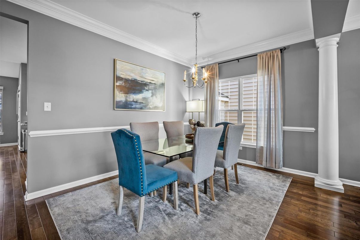 Chandelier, Dining room, Interior, Pendant Lights, Wood Texture Flooring
