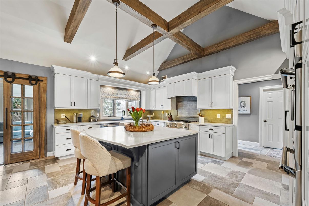 Interior, Kitchen, Pendant Lights, Stainless Steel Appliances, Wooden Beams