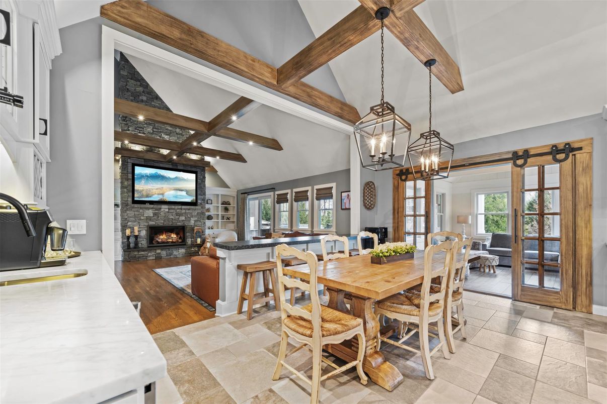 Dining room, Fireplace, Interior, Living room, Pendant Lights, Wooden Beams