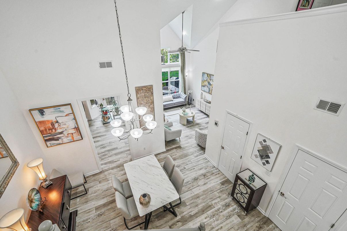 Interior, Living room, Pendant Lights, Wood Texture Flooring