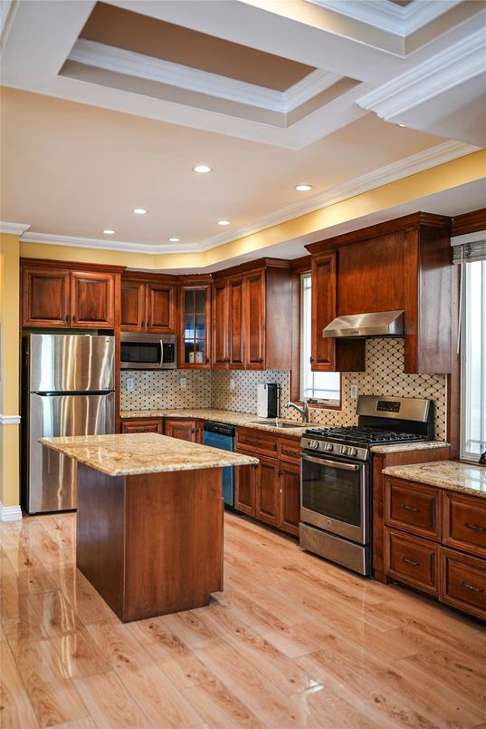 Interior, Kitchen, Recessed Lighting, Stainless Steel Appliances, Wood Texture Flooring