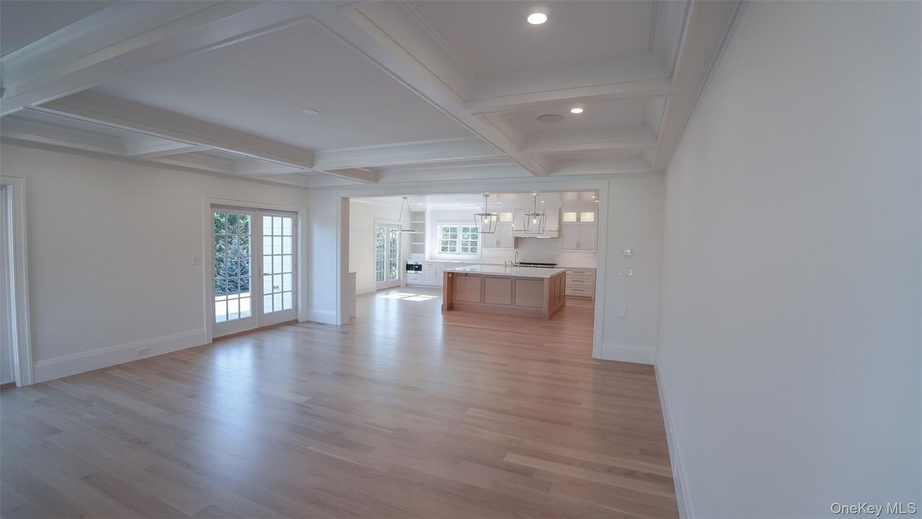 Empty room, Interior, Kitchen, Pendant Lights, Recessed Lighting, Wood Texture Flooring