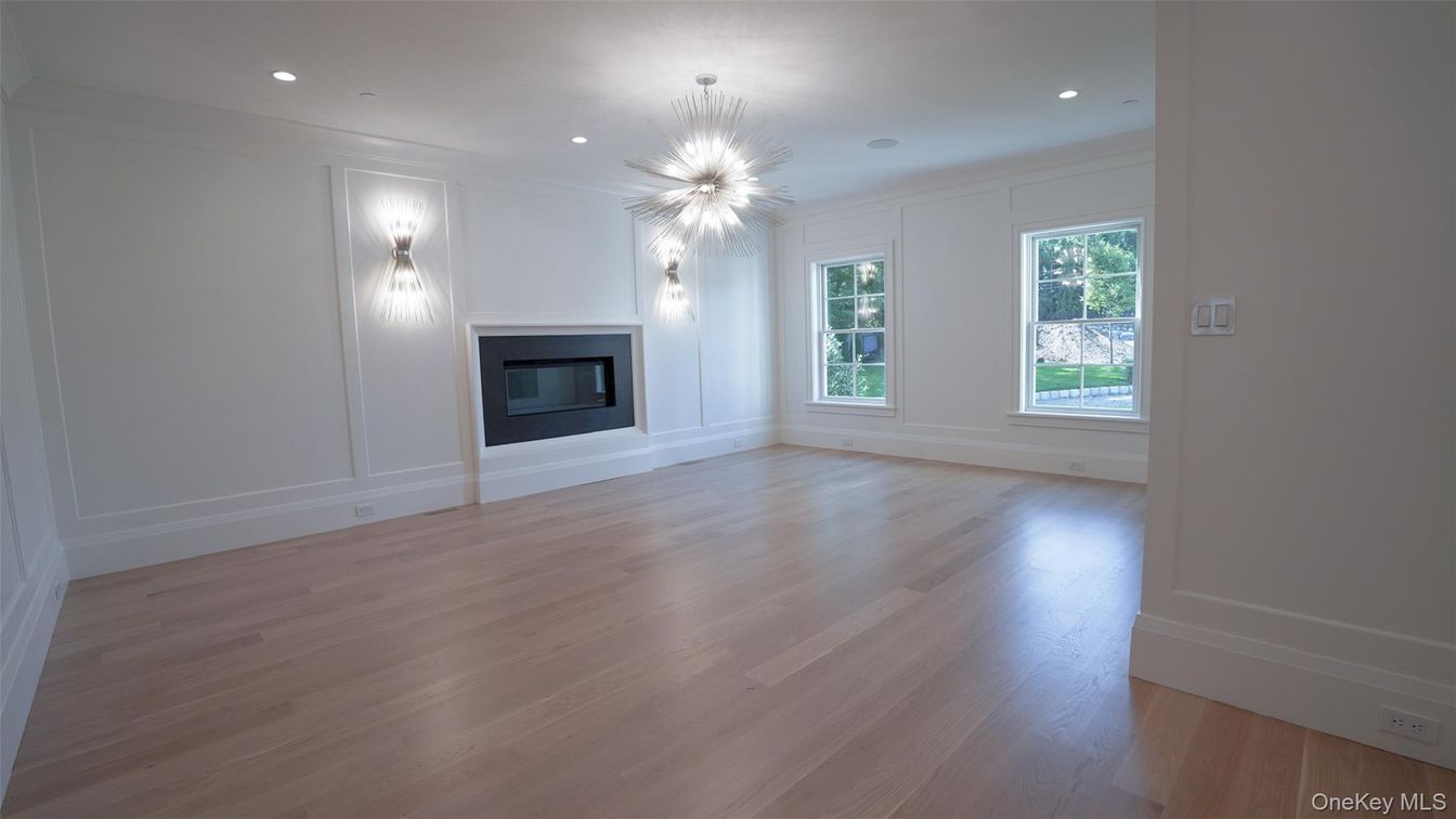 Empty room, Fireplace, Interior, Pendant Lights, Recessed Lighting, Wood Texture Flooring