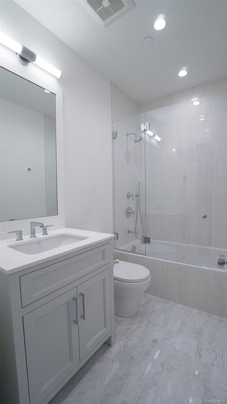 Bathroom, Dual Sink Vanities, Glass Shower, Interior, Recessed Lighting