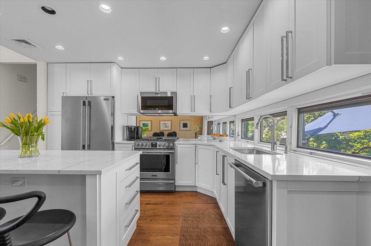Interior, Kitchen, Recessed Lighting, Stainless Steel Appliances, Wood Texture Flooring