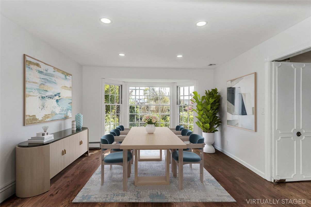 Dining room, Interior, Recessed Lighting, Wood Texture Flooring