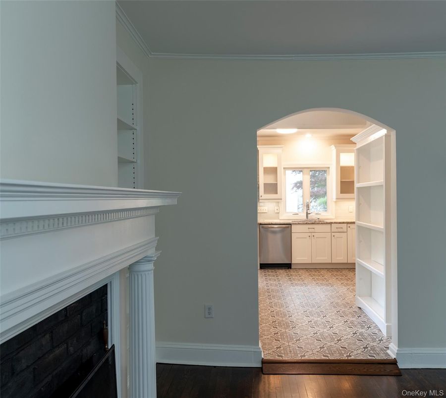Fireplace, Interior, Kitchen, Stainless Steel Appliances, Wood Texture Flooring
