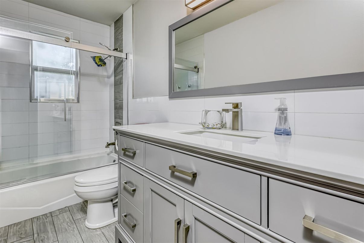 Bathroom, Glass Shower, Interior, Wood Texture Flooring