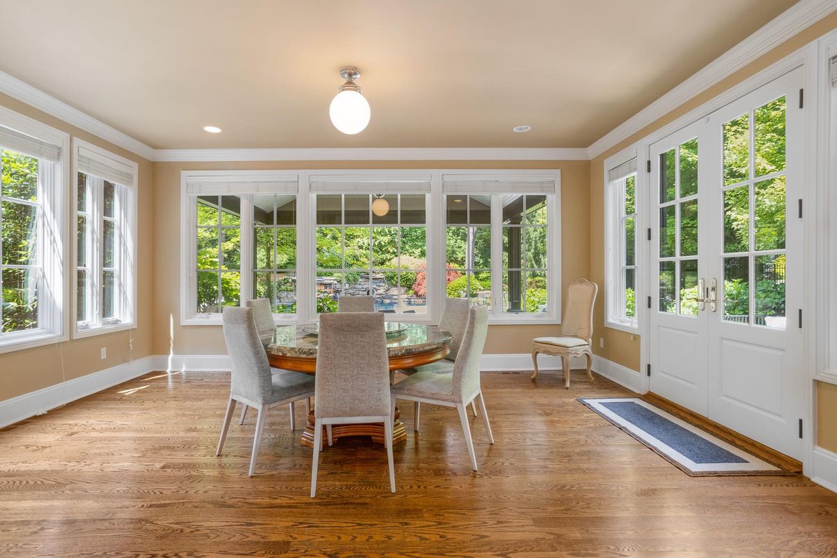 Dining room, Interior, Recessed Lighting, Wood Texture Flooring