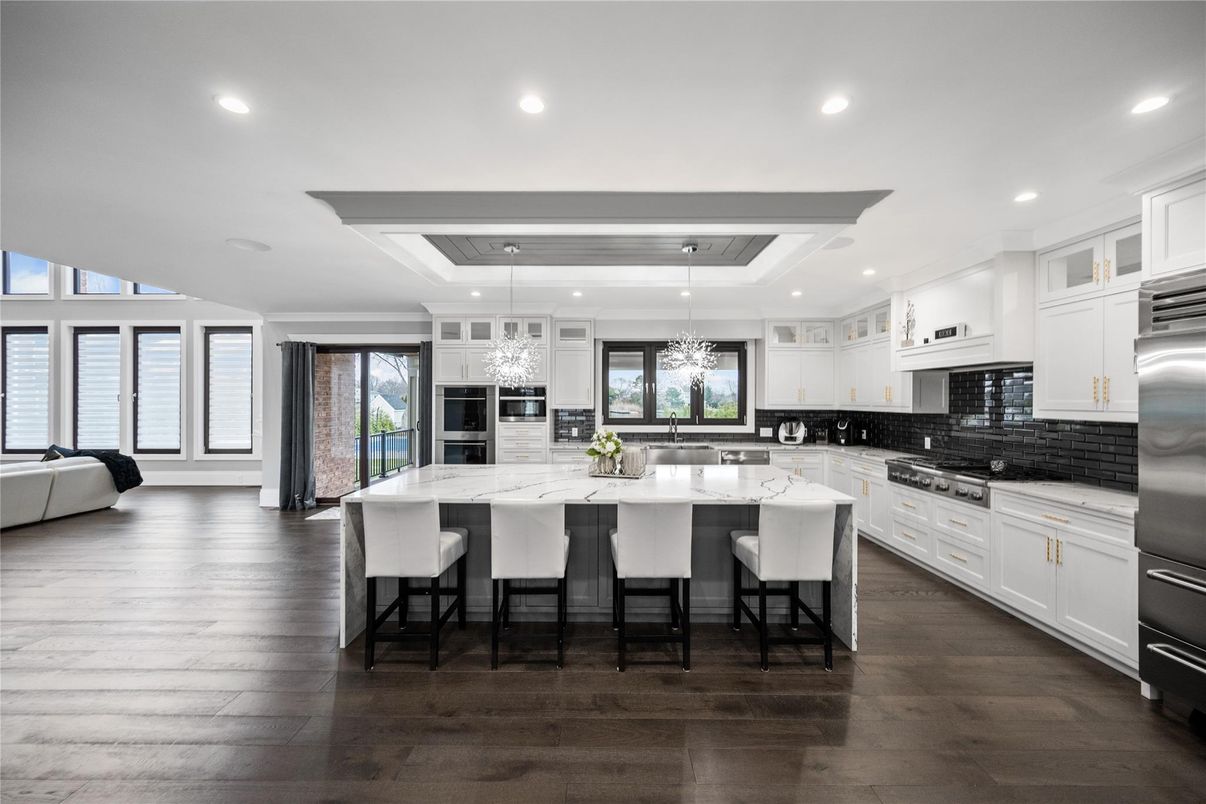 Chandelier, Interior, Kitchen, Recessed Lighting, Stainless Steel Appliances, Wood Texture Flooring