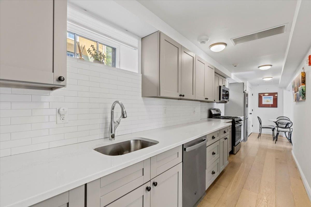 Dining room, Interior, Kitchen, Stainless Steel Appliances, Wood Texture Flooring