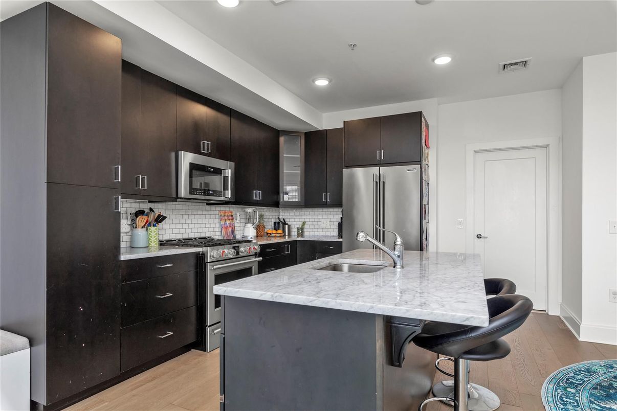 Interior, Kitchen, Recessed Lighting, Stainless Steel Appliances, Wood Texture Flooring