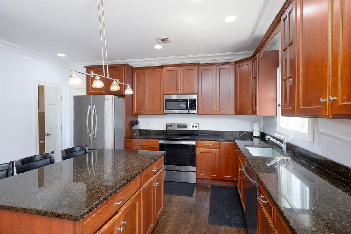 Interior, Kitchen, Pendant Lights, Recessed Lighting, Stainless Steel Appliances, Wood Texture Flooring