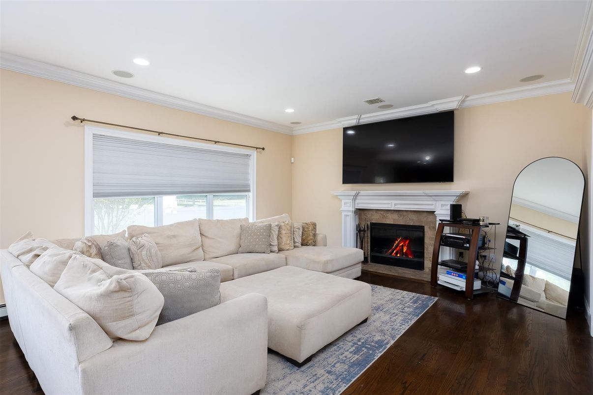 Fireplace, Interior, Living room, Recessed Lighting, Wood Texture Flooring