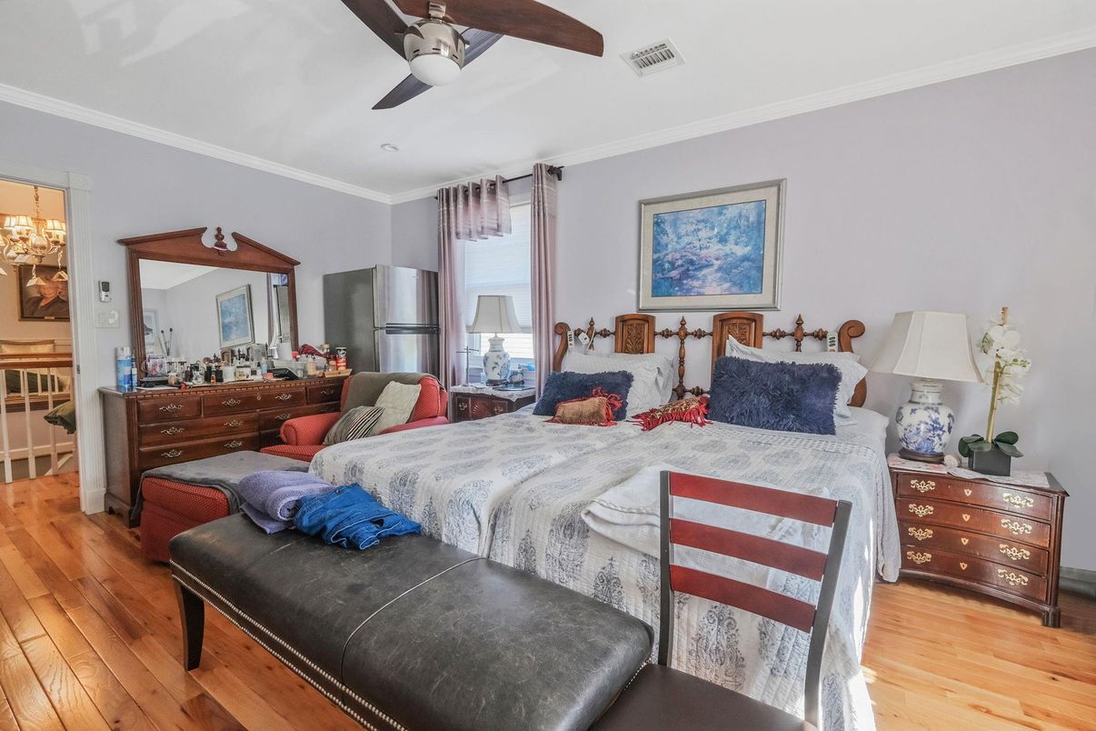 Bedroom, Chandelier, Interior, Wood Texture Flooring
