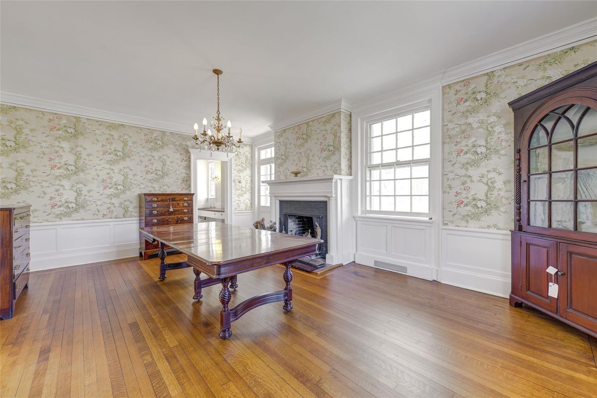 Chandelier, Fireplace, Home Office, Interior, Wood Texture Flooring
