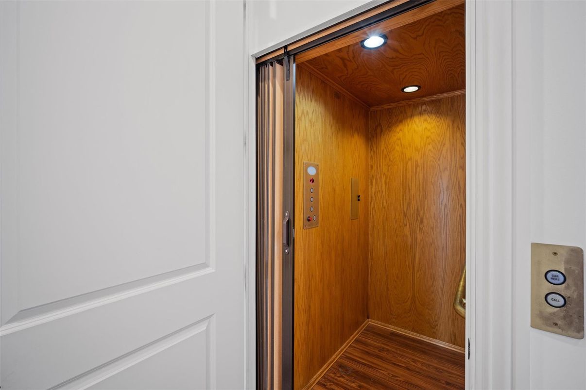 Elevator, Interior, Recessed Lighting, Wooden Ceilings, Wood Texture Flooring, Wooden Walls