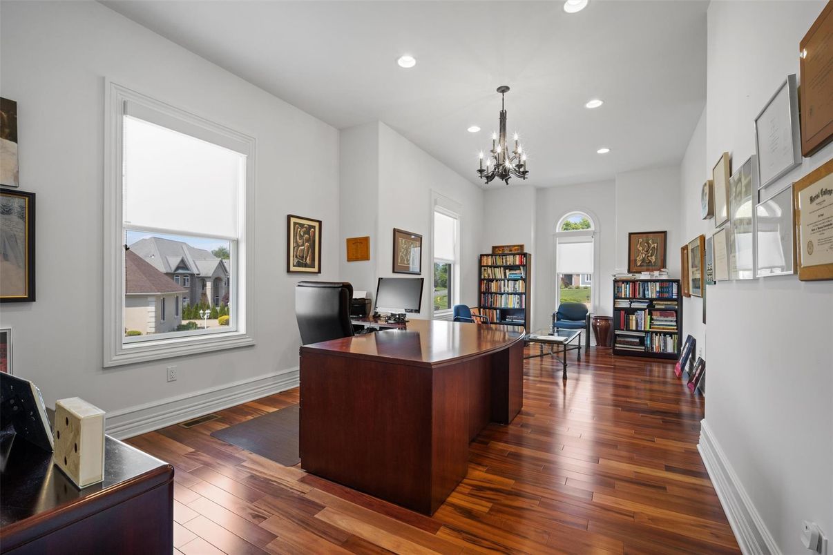 Chandelier, Home Office, Interior, Recessed Lighting, Wood Texture Flooring
