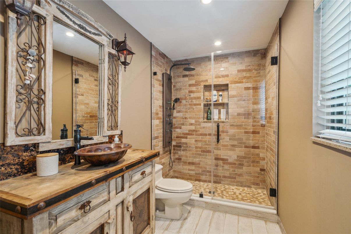 Bathroom, Glass Shower, Interior, Recessed Lighting, Stone Walls