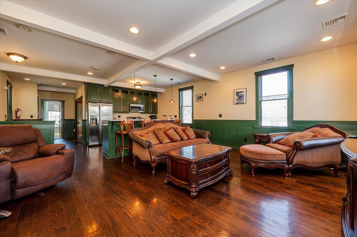 Interior, Kitchen, Living room, Pendant Lights, Recessed Lighting, Stainless Steel Appliances, Wood Texture Flooring