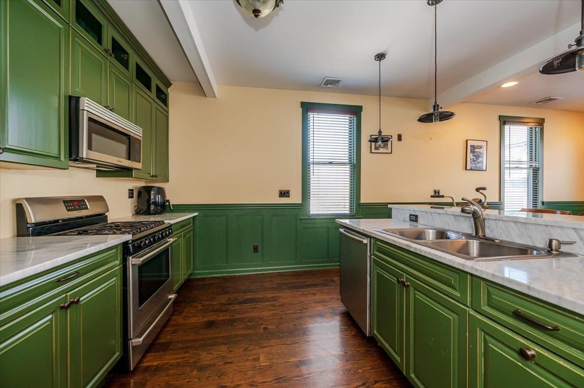 Interior, Kitchen, Pendant Lights, Recessed Lighting, Stainless Steel Appliances, Wood Texture Flooring