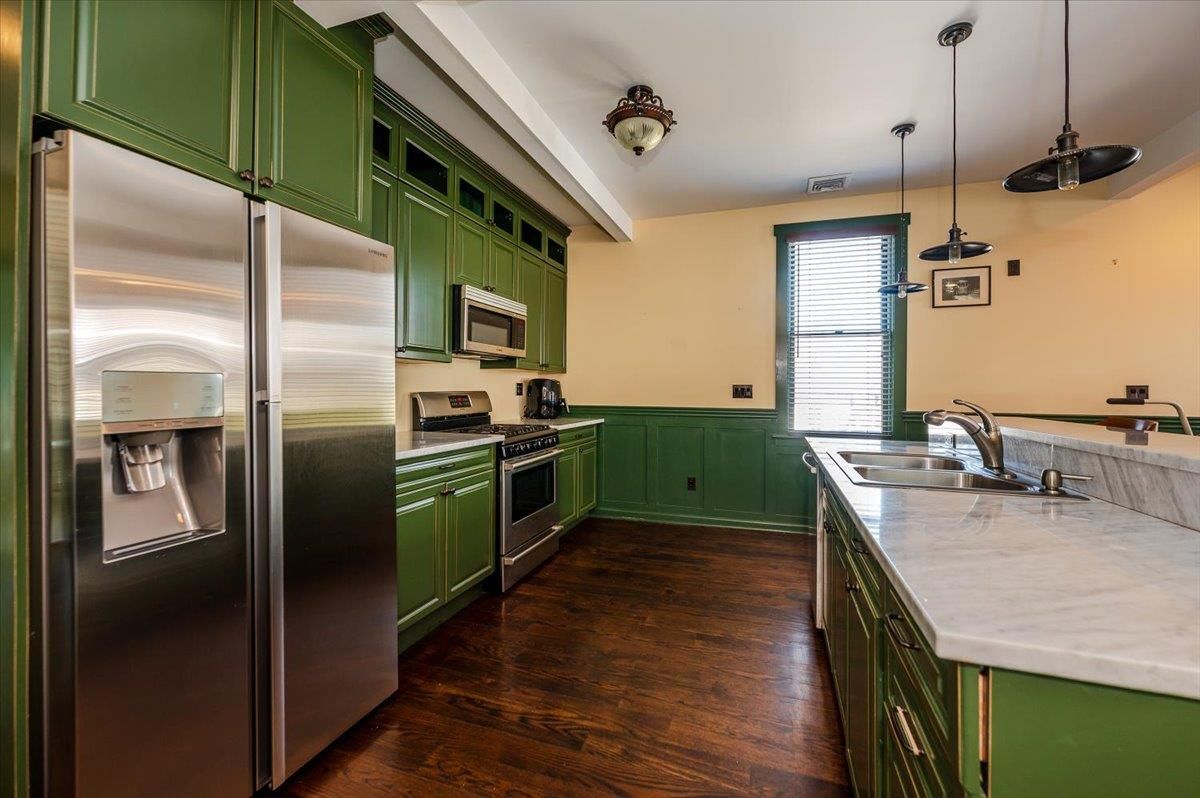Interior, Kitchen, Pendant Lights, Stainless Steel Appliances, Wood Texture Flooring