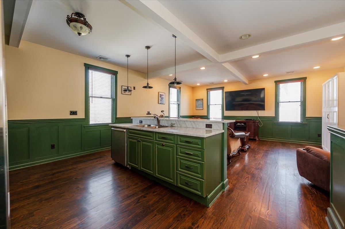 Interior, Kitchen, Pendant Lights, Recessed Lighting, Wood Texture Flooring