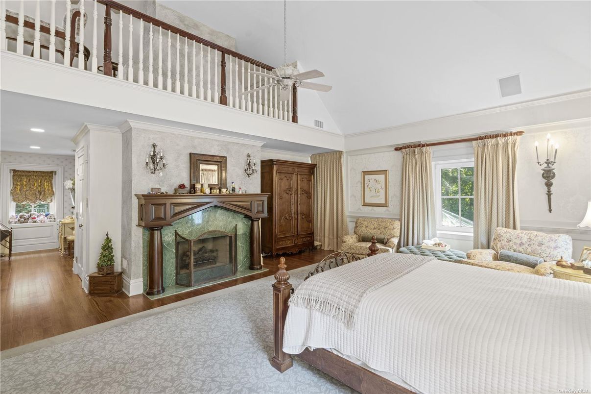 Bedroom, Fireplace, Interior, Recessed Lighting, Wood Texture Flooring