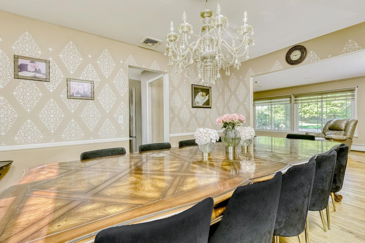 Chandelier, Dining room, Interior, Wood Texture Flooring