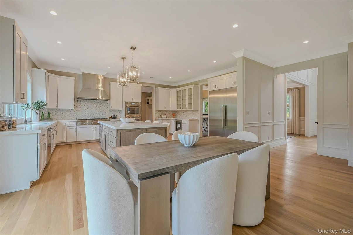 Chandelier, Interior, Kitchen, Recessed Lighting, Stainless Steel Appliances, Wood Texture Flooring