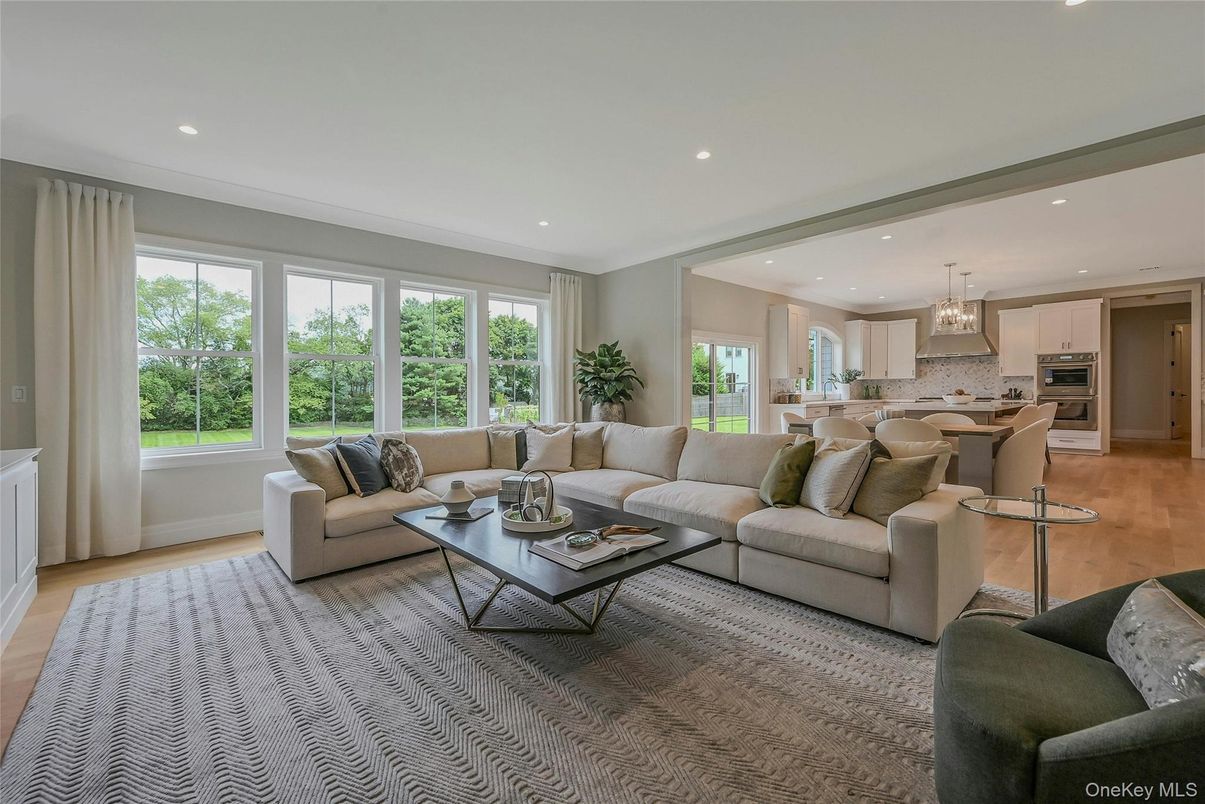 Chandelier, Interior, Kitchen, Living room, Recessed Lighting, Stainless Steel Appliances, Wood Texture Flooring
