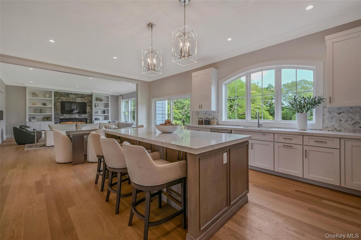 Dining room, Fireplace, Interior, Kitchen, Living room, Pendant Lights, Recessed Lighting, Wood Texture Flooring