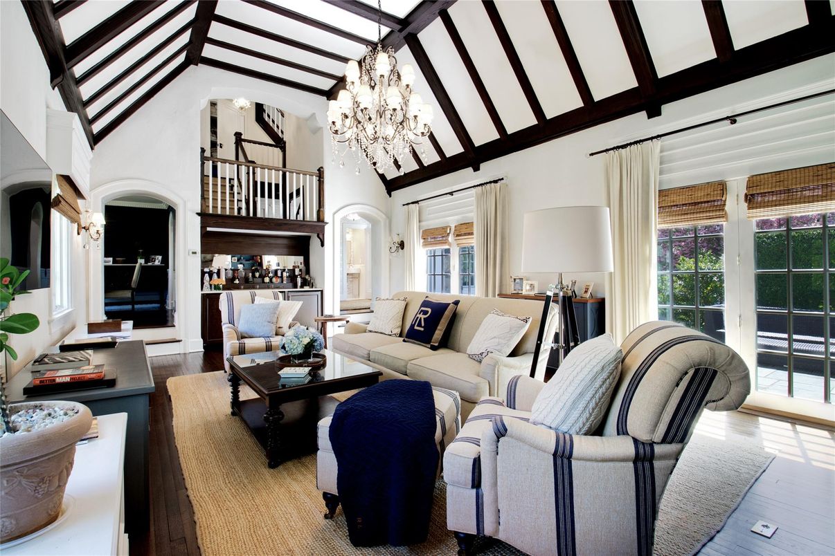 Chandelier, Interior, Living room, Wooden Beams, Wood Texture Flooring