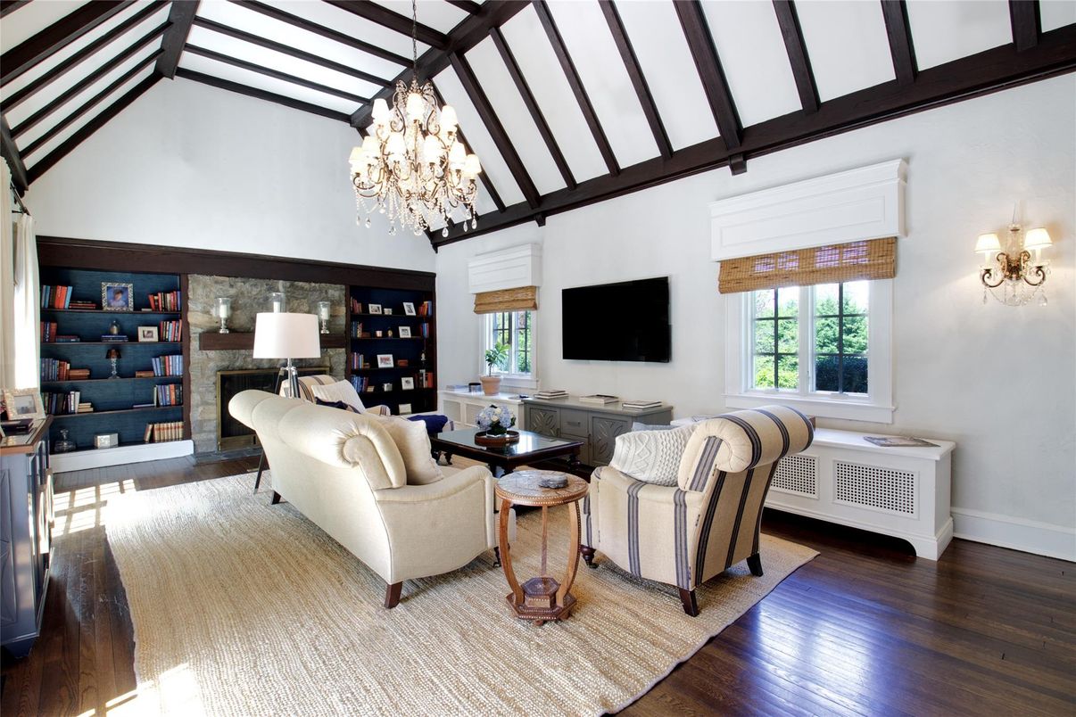 Chandelier, Interior, Living room, Wooden Beams, Wood Texture Flooring