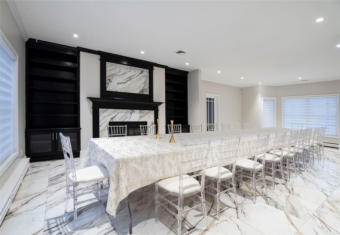Dining room, Fireplace, Interior, Marble, Recessed Lighting