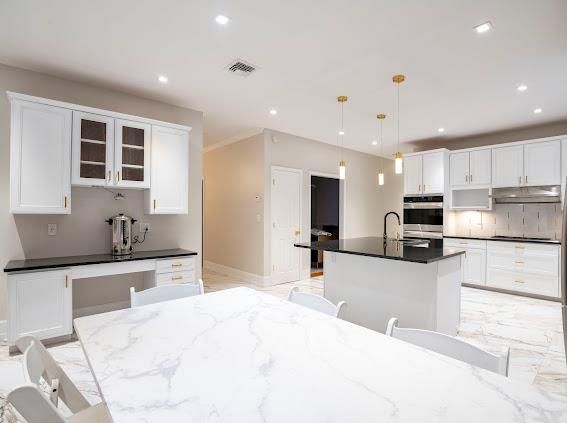 Interior, Kitchen, Marble, Pendant Lights, Recessed Lighting, Stainless Steel Appliances