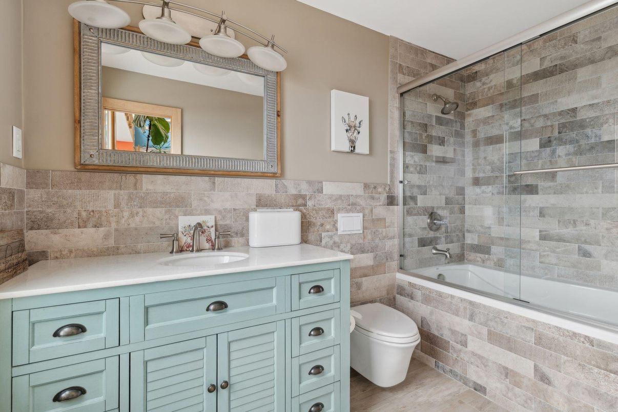Bathroom, Glass Shower, Interior, Stone Walls, Wood Texture Flooring