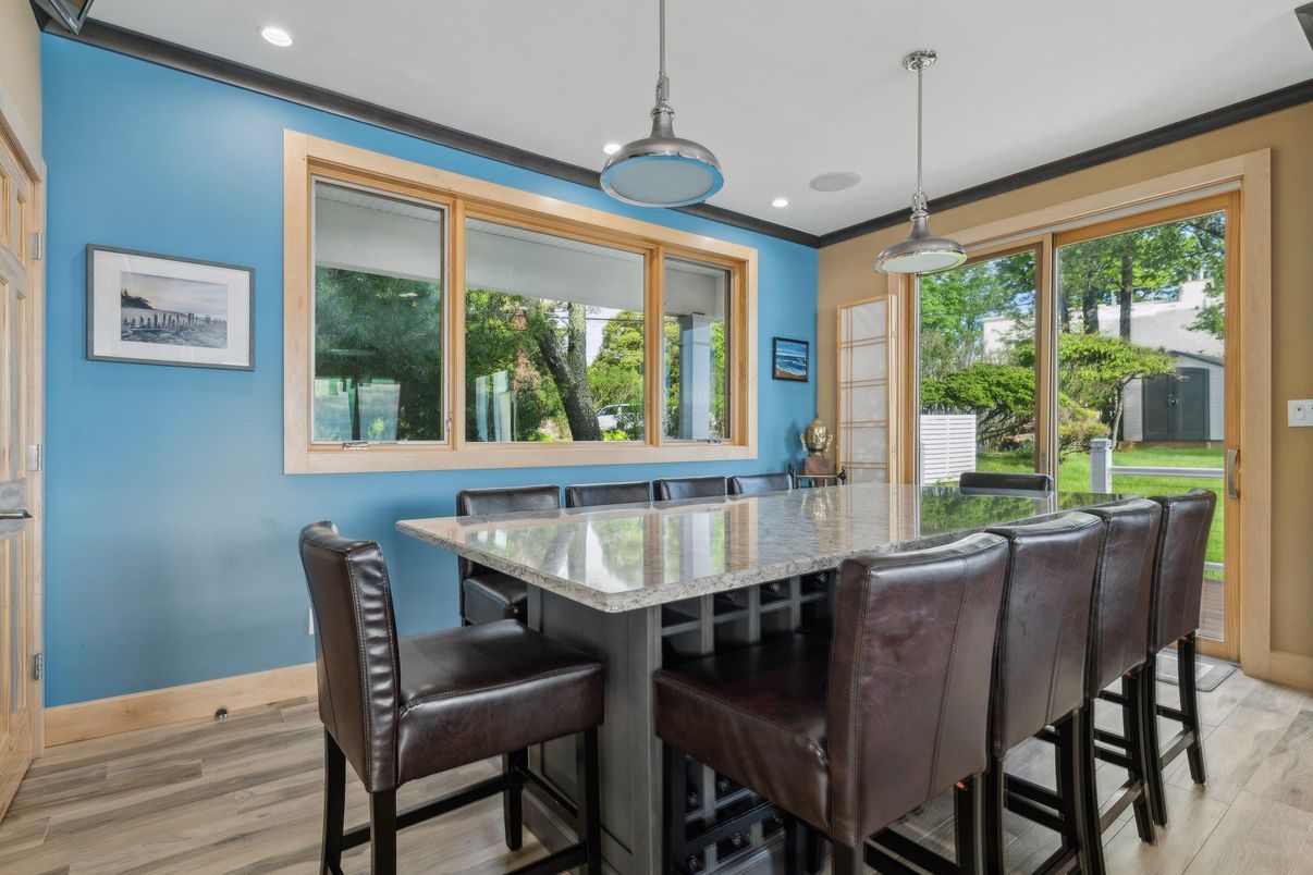 Dining room, Interior, Pendant Lights, Recessed Lighting, Wood Texture Flooring