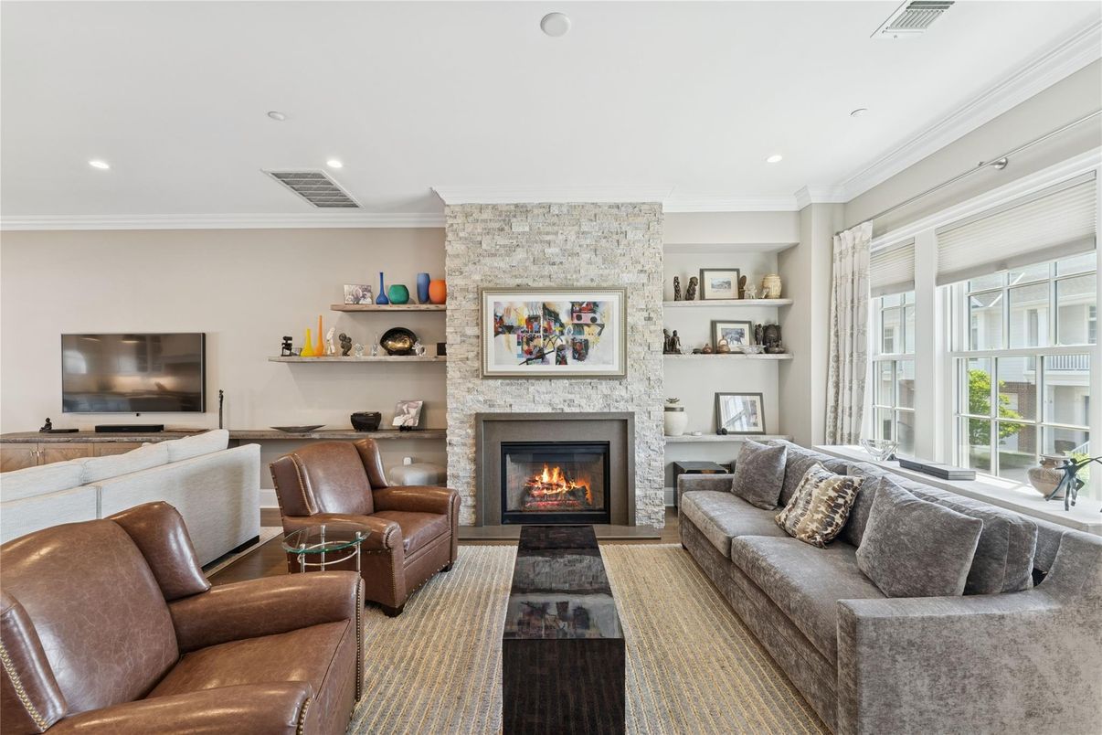 Fireplace, Interior, Living room, Recessed Lighting, Stone Walls