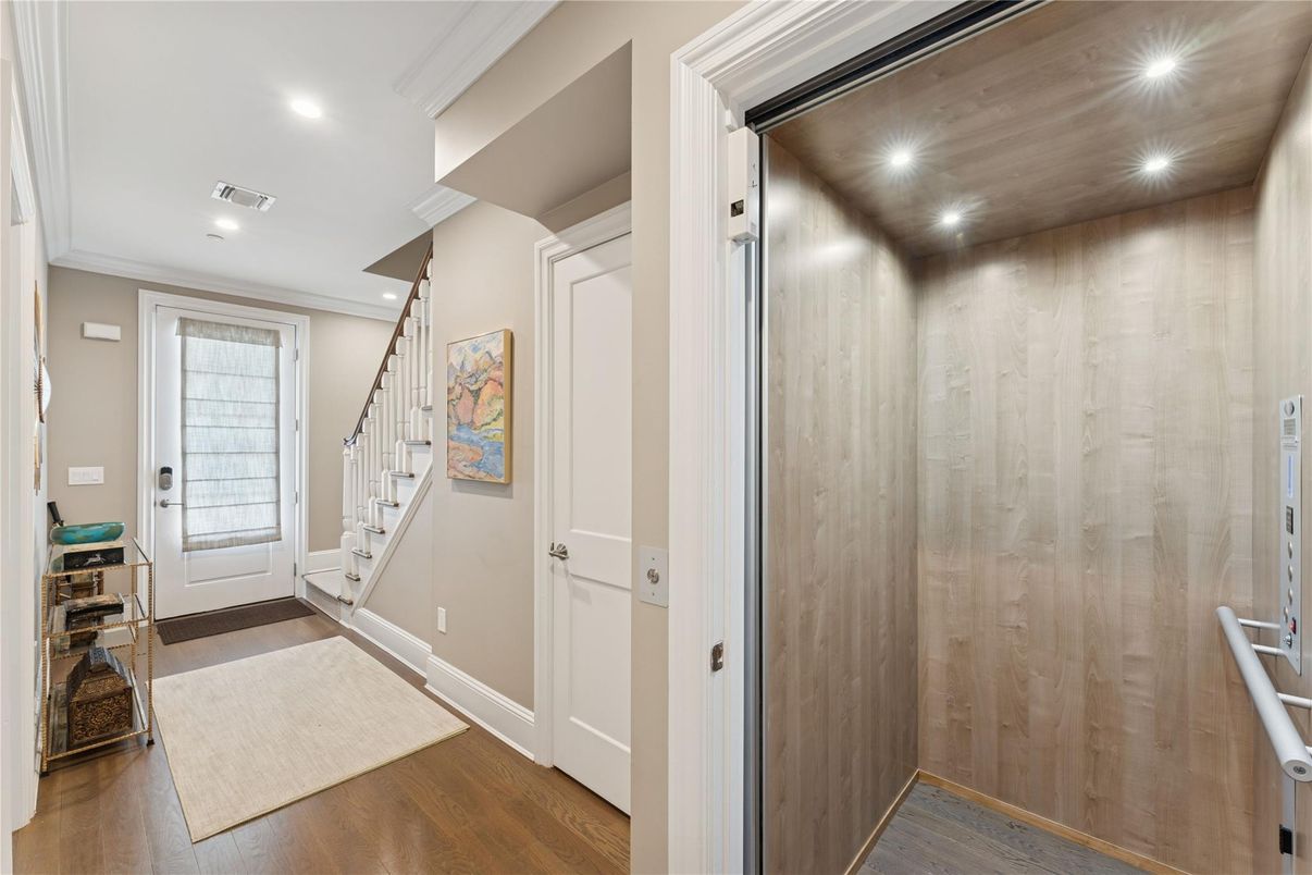 Elevator, Interior, Recessed Lighting, Wooden Ceilings, Wood Texture Flooring, Wooden Walls